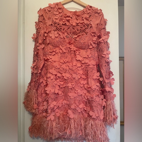 ASOS LUXE 3D floral embellished eyelet mini dress with faux feather trim - Picture 4 of 13